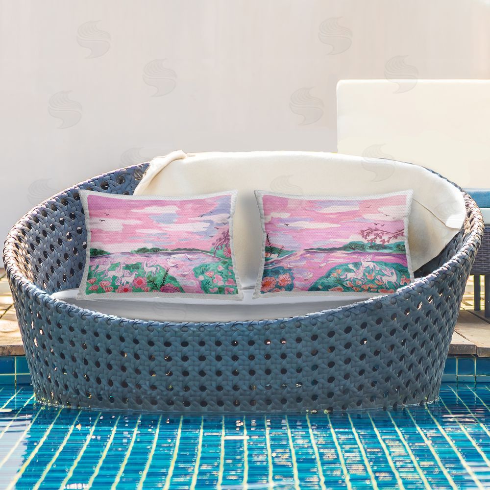 Melissa Wang Unicorn Nature Whimsy Outdoor Quick-Dry Polyester Printed Throw Pillow in Back Yard