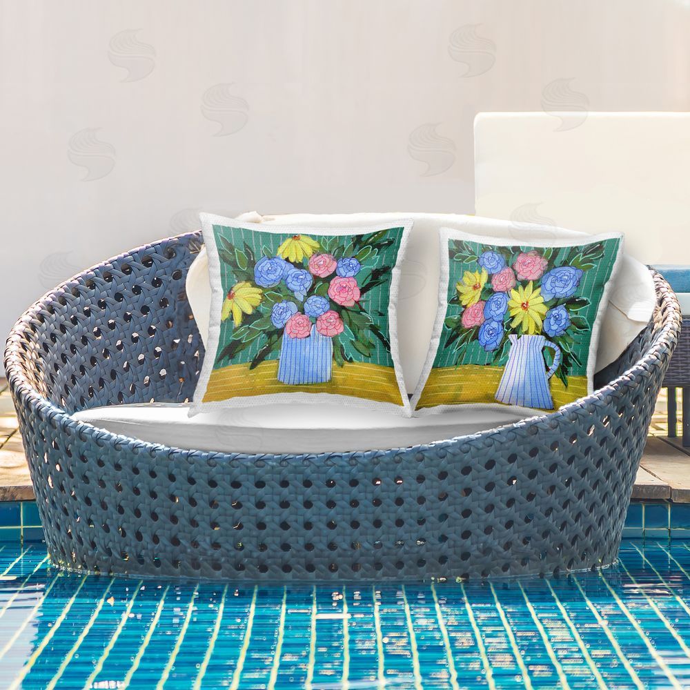 Regina Moore Bright Flowers on Stripes Outdoor Quick-Dry Polyester Printed Throw Pillow in Back Yard