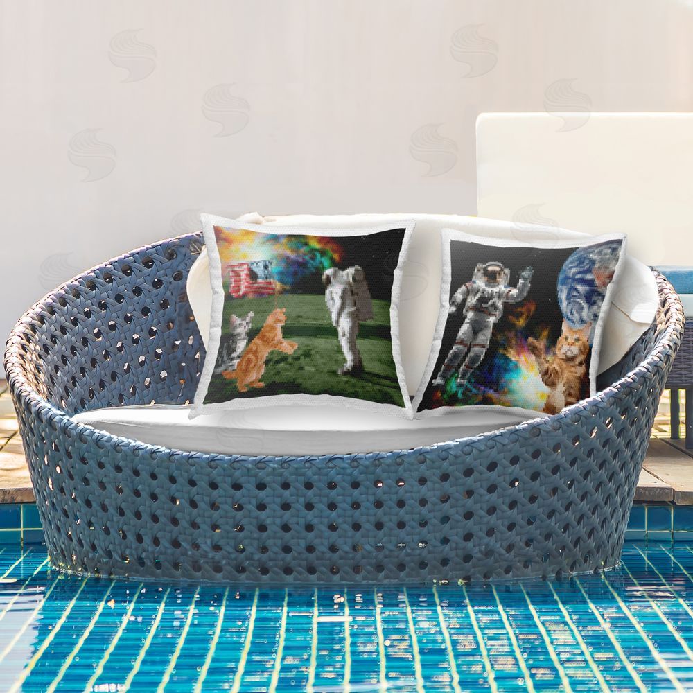 June Erica Vess Cats & Astronauts in Space Outdoor Quick-Dry Polyester Printed Throw Pillow in Back Yard