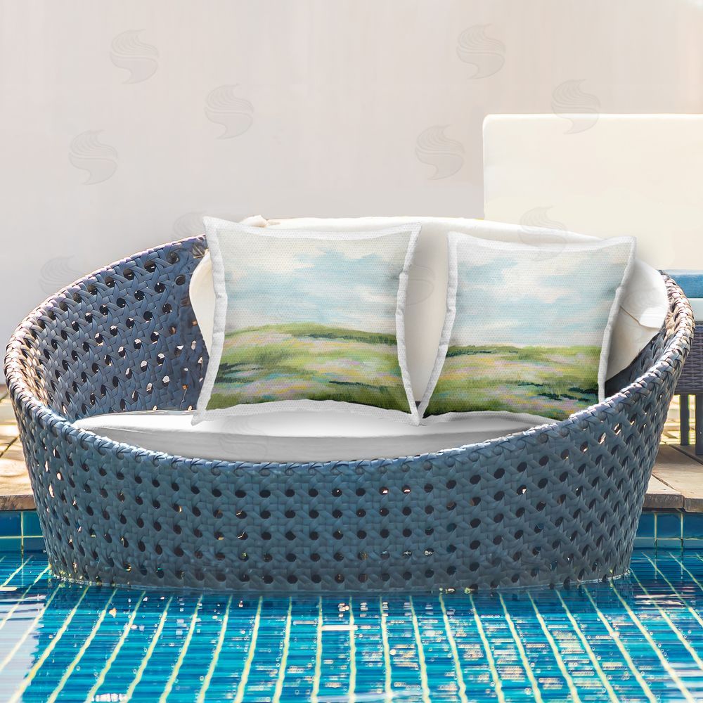 June Erica Vess Pastel Meadow under Blue Sky Outdoor Quick-Dry Polyester Printed Throw Pillow in Back Yard