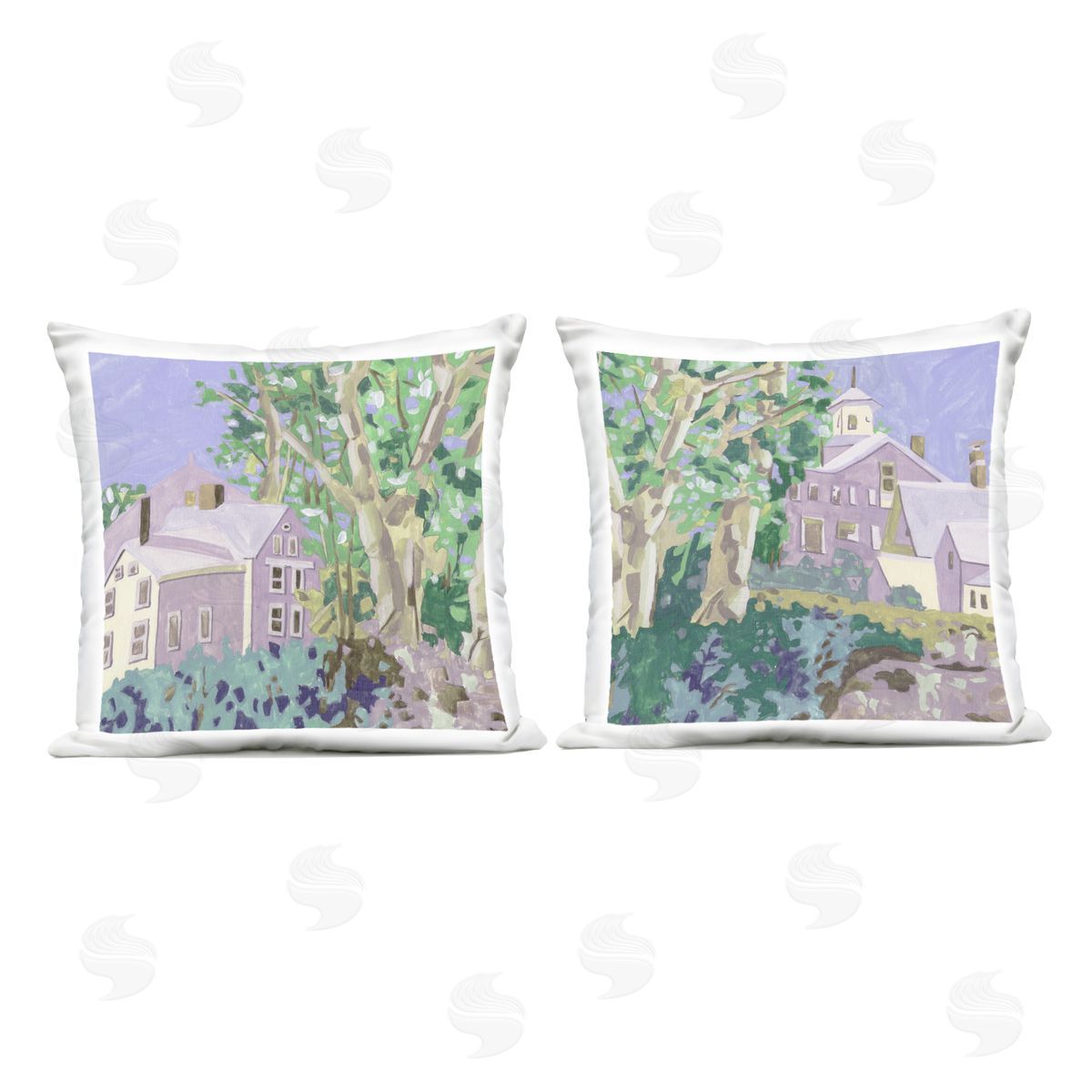 Melissa Wang Quaint Scenic Houses Outdoor Quick-Dry Polyester Printed Throw Pillow