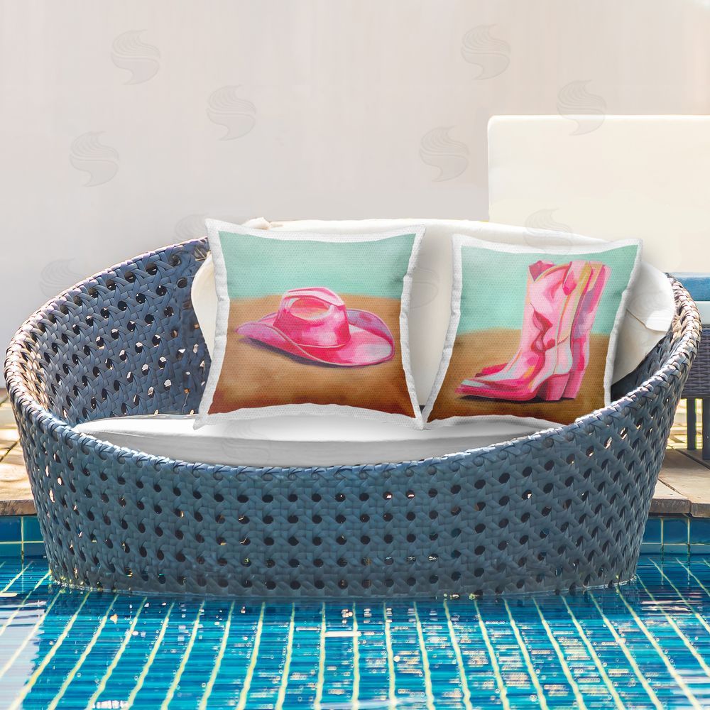 Grace Popp Pink Theme Cowgirl Fashion Outdoor Quick-Dry Polyester Printed Throw Pillow in Back Yard