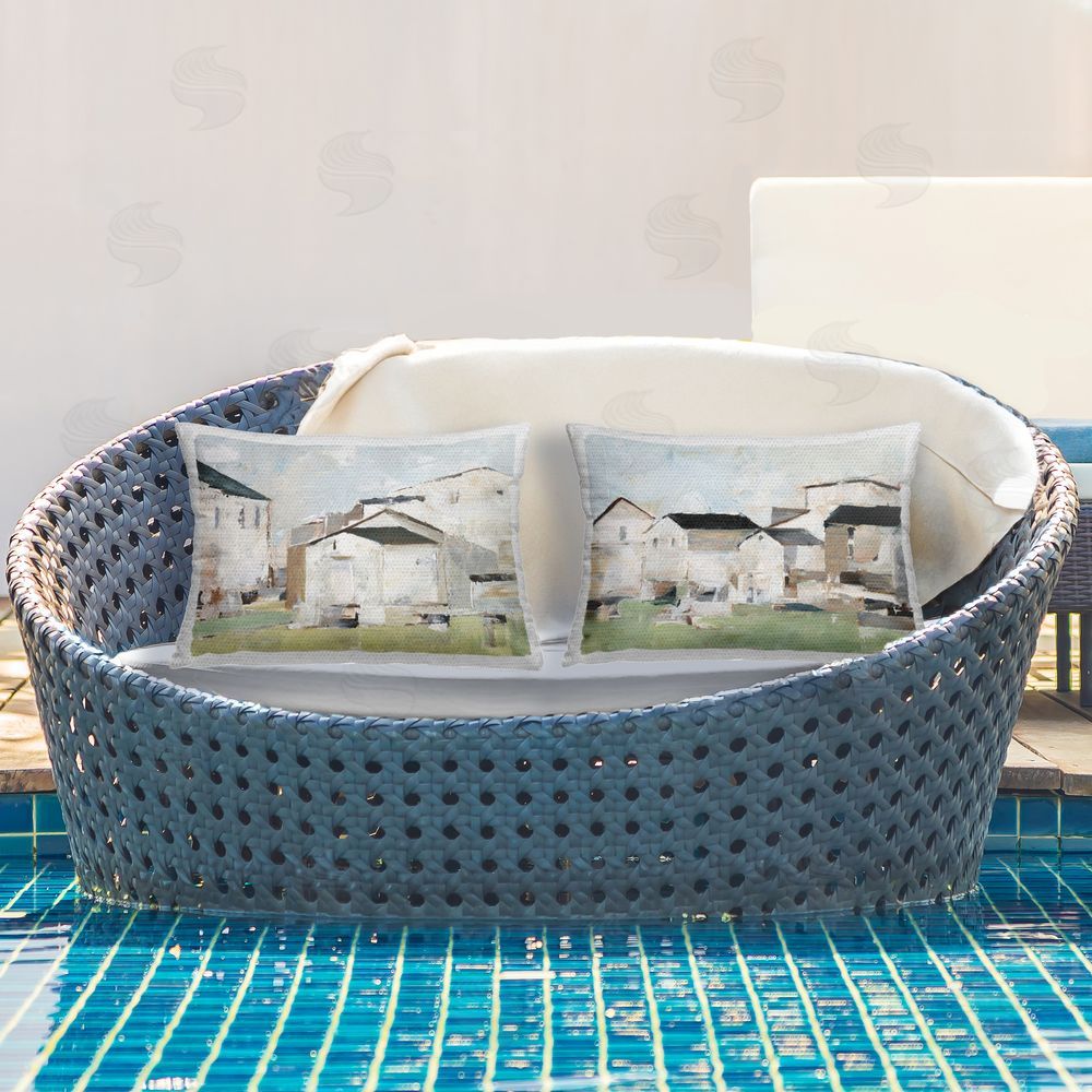 Ethan Harper Cluster of Houses View Outdoor Quick-Dry Polyester Printed Throw Pillow in Back Yard