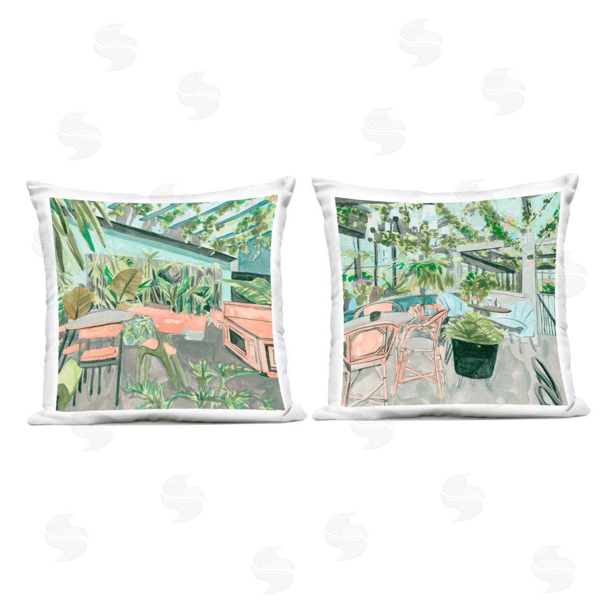 Melissa Wang Plant Filled Café Views Outdoor Quick-Dry Polyester Printed Throw Pillow
