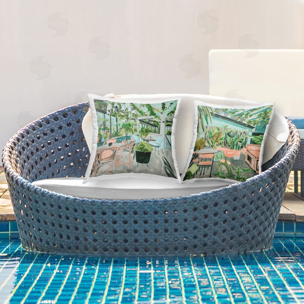 Melissa Wang Plant Filled Café Views Outdoor Quick-Dry Polyester Printed Throw Pillow in Back Yard