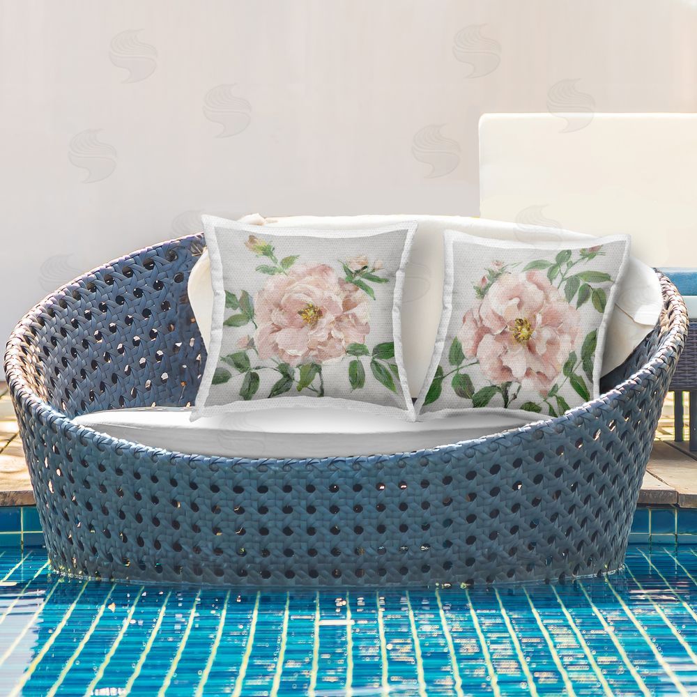 Sally Swatland Soft & Subtle Peonies Outdoor Quick-Dry Polyester Printed Throw Pillow in Back Yard