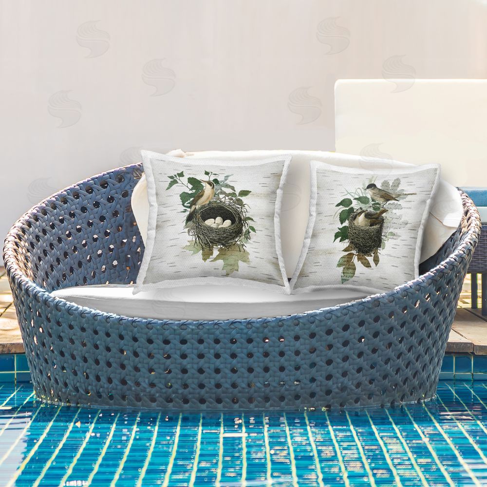 Susan Arnot Rustic Vintage Bird Nests Outdoor Quick-Dry Polyester Printed Throw Pillow in Back Yard