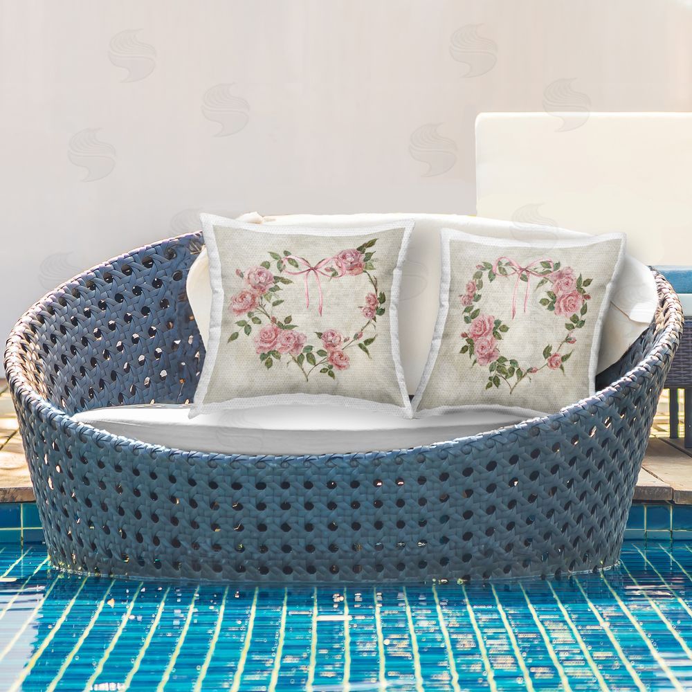 Sally Swatland Heart Shaped Wreaths Outdoor Quick-Dry Polyester Printed Throw Pillow in Back Yard