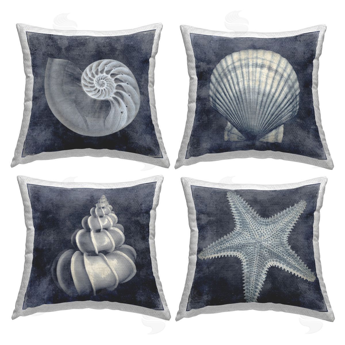 Nautical Distressed Seashells and Starfish Blue White Outdoor Printed Pillow, Home Decor by Caroline Kelly