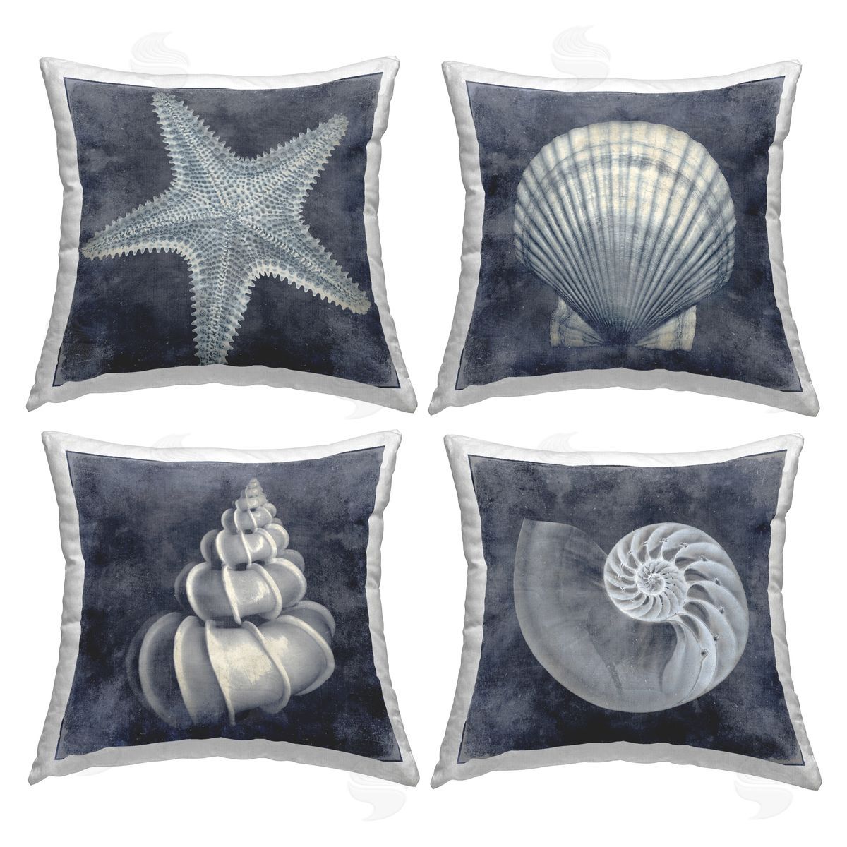 Nautical Distressed Seashells and Starfish Blue White Decorative Printed Pillow, Home Decor by Caroline Kelly