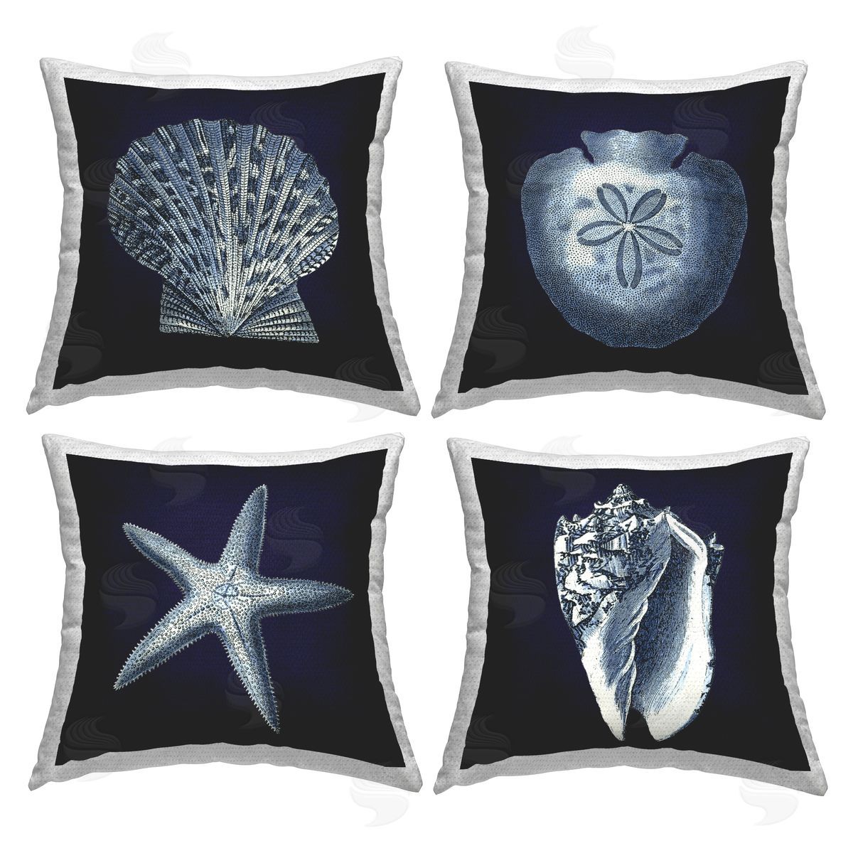 Nautical Blue Ocean Shells Starfish Sand Dollar Outdoor Printed Pillow, Home Decor by Carol Robinson