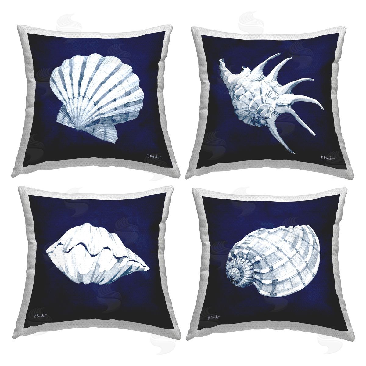 Navy Blue Varied Seashells Aquatic Animals Outdoor Printed Pillow, Home Decor by Paul Brent