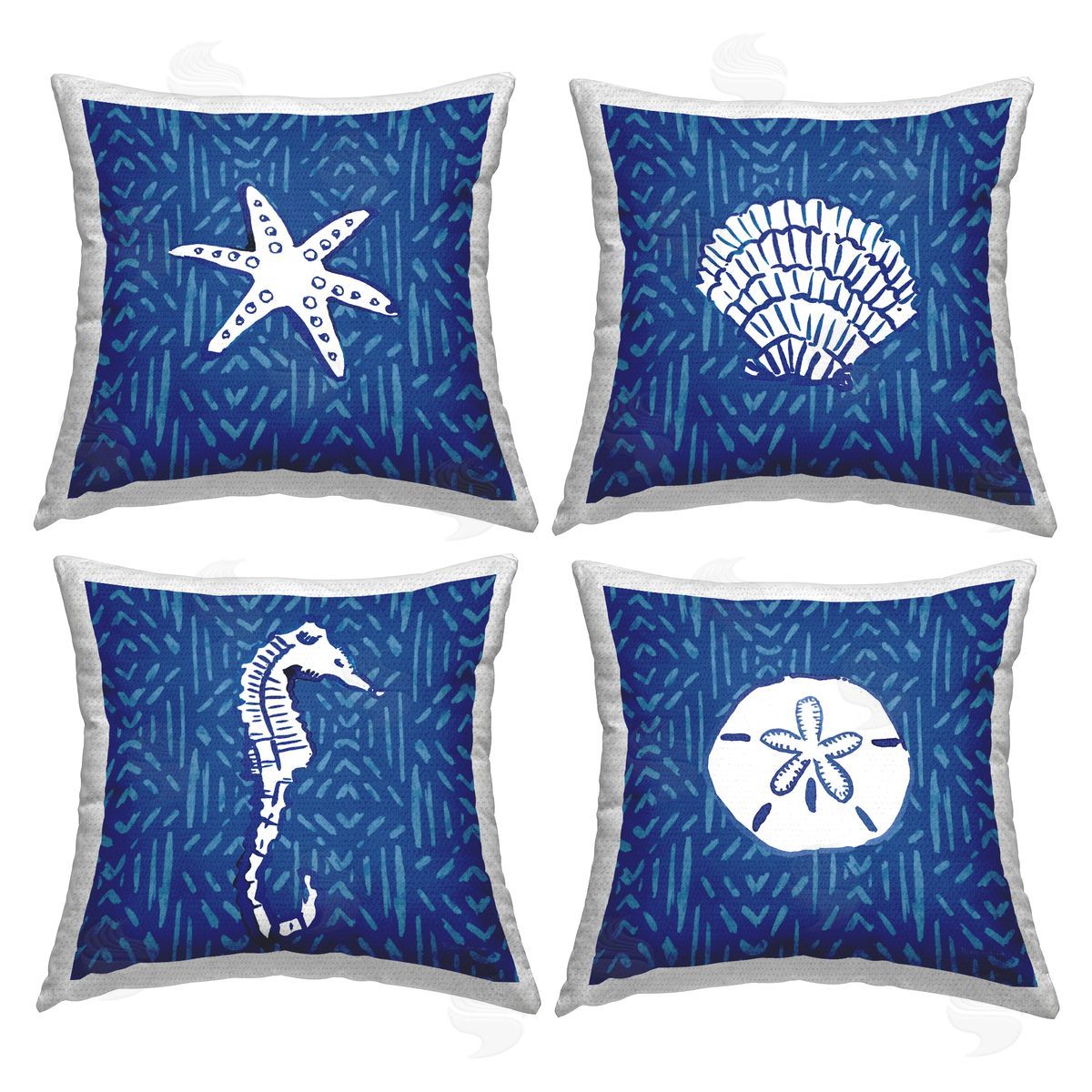 Various Seashells Blue Beach Line Patterns Outdoor Printed Pillow, Home Decor by Mercedes Lopez Charro