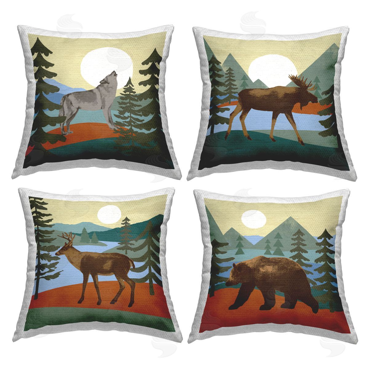 Rustic Woodland Wildlife Silhouette Mountain Animals Outdoor Printed Pillow, Home Decor by Victoria Barnes