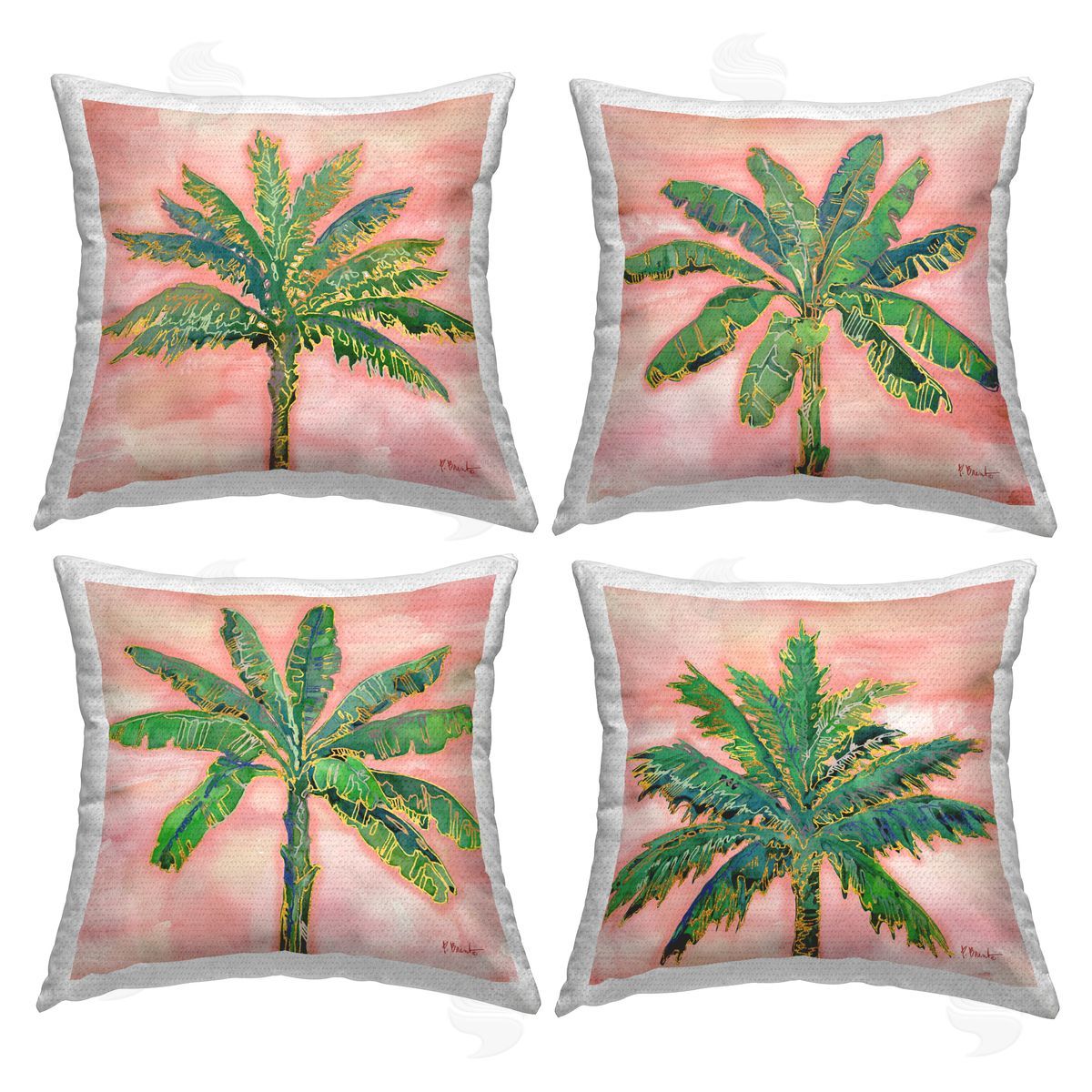 Pink Summer Palm Tree Leaves Outdoor Printed Pillow, Home Decor by Paul Brent