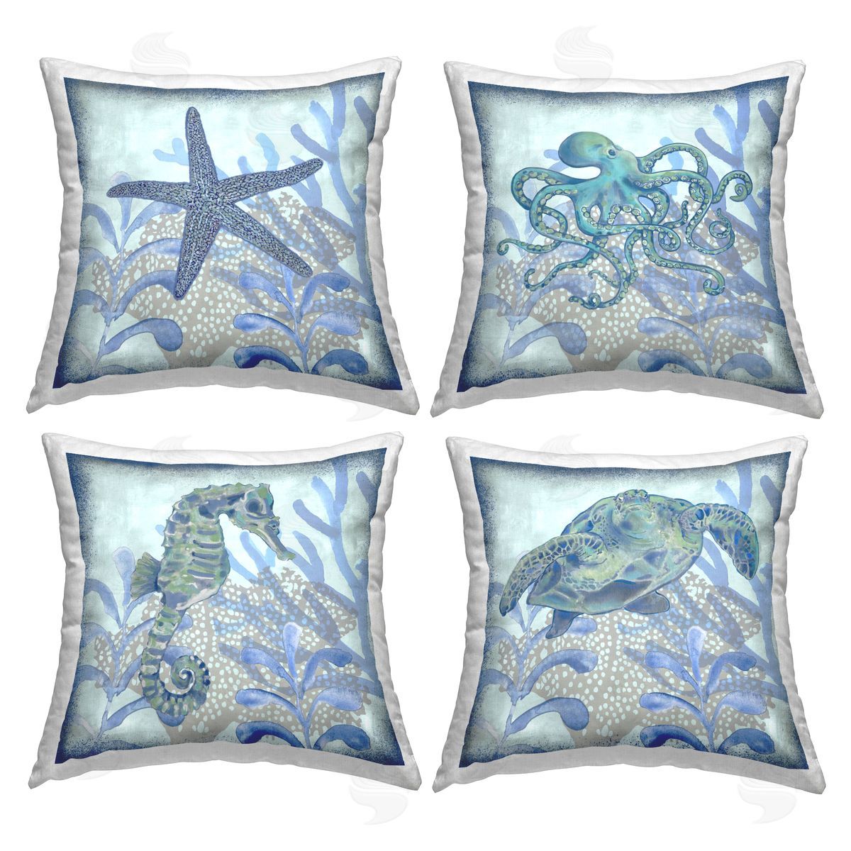 Blue Detailed Sea Life Underwater Decorative Printed Pillow, Home Decor by Erica Christopher