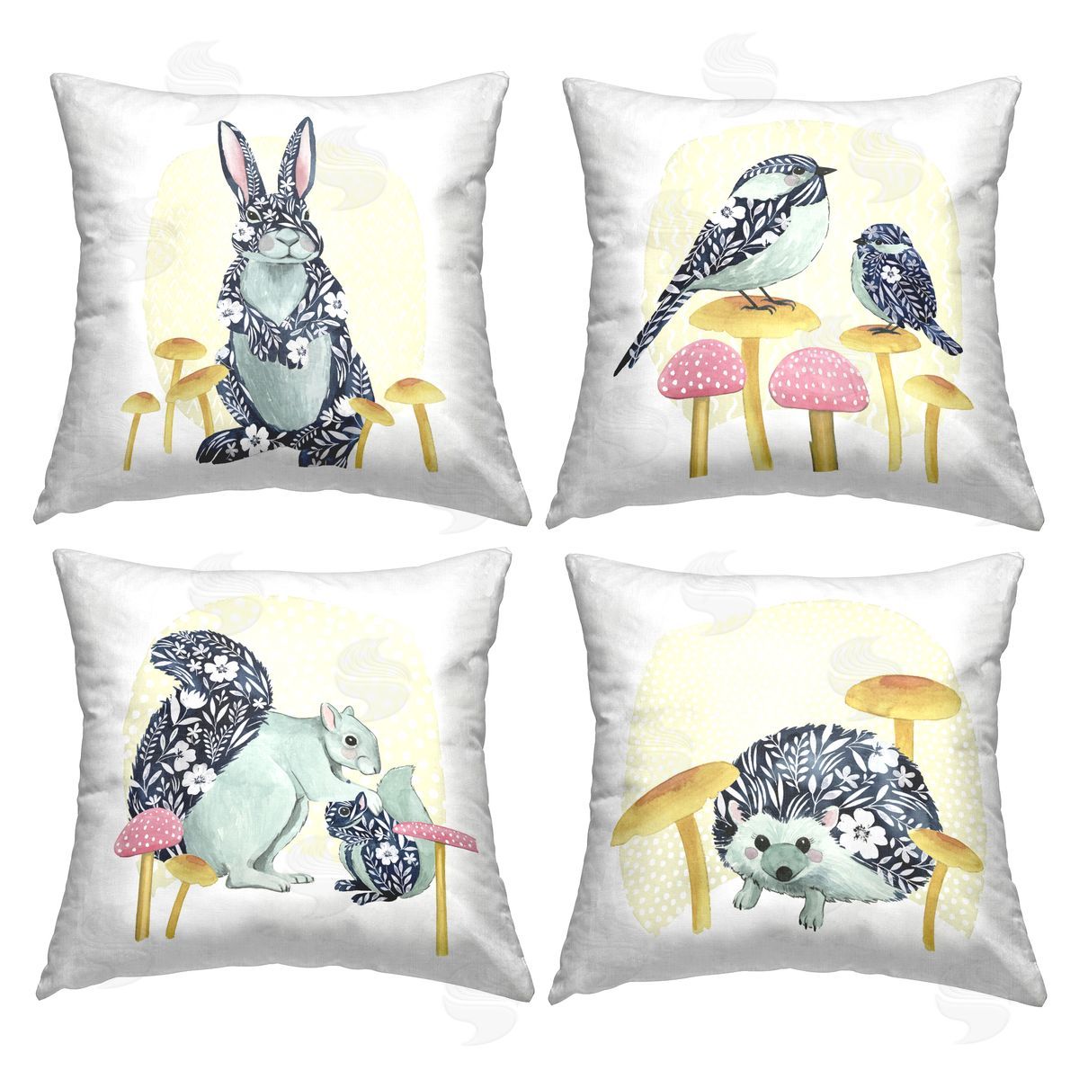 Patterned Animals on Mushrooms Decorative Printed Pillow, Home Decor by Grace Popp