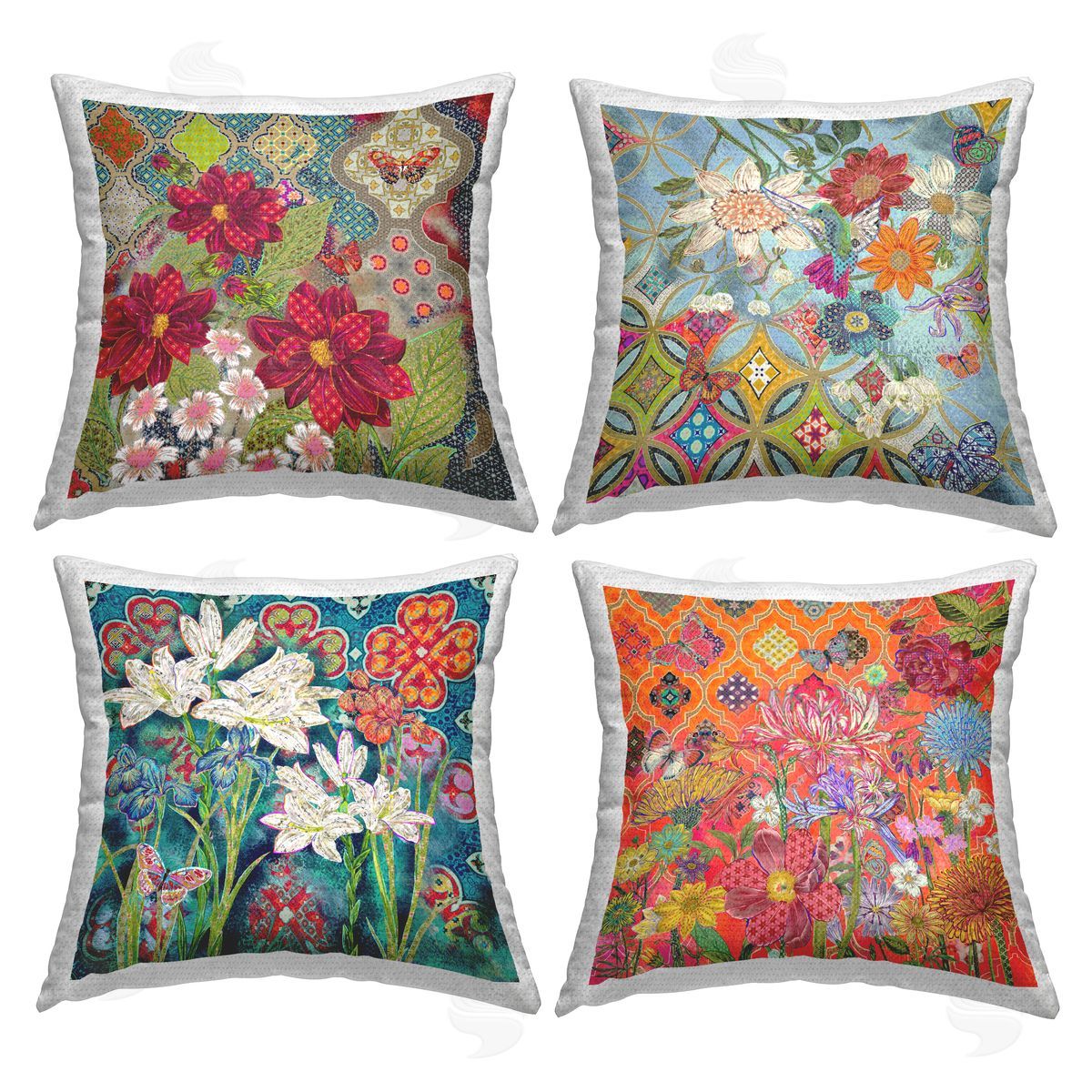 Vivid Geometric Floral Patterns Outdoor Printed Pillow, Home Decor by Sangita Bachelet