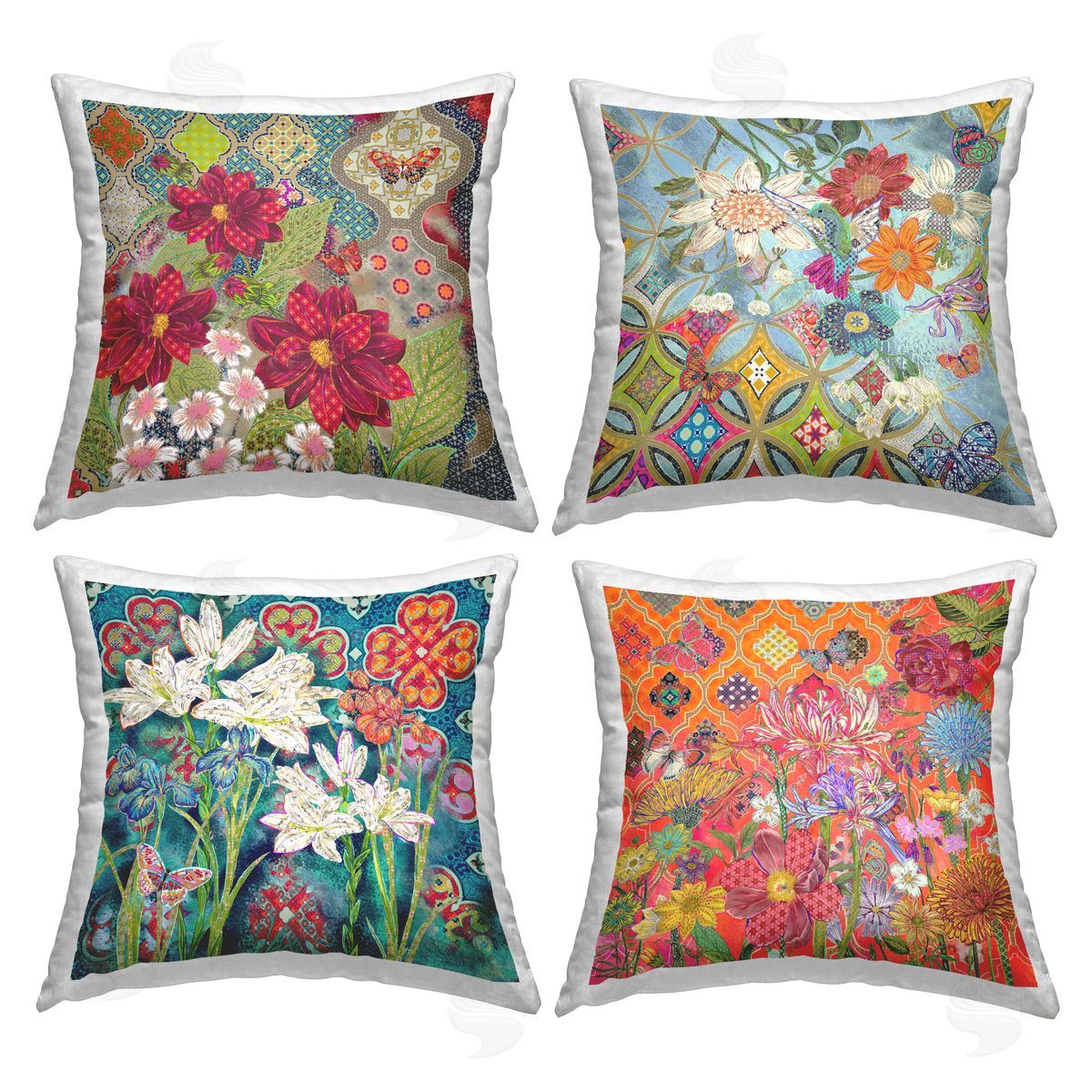 Vivid Geometric Floral Patterns Decorative Printed Pillow, Home Decor by Sangita Bachelet