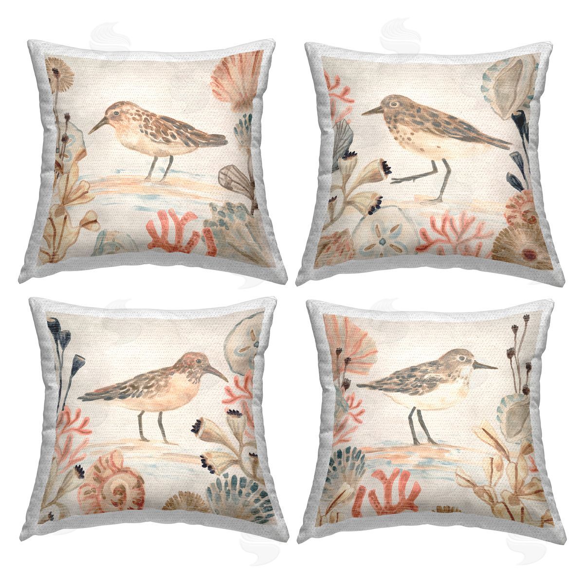 Sandpipers & Beach Coral Outdoor Printed Pillow, Home Decor by June Erica Vess