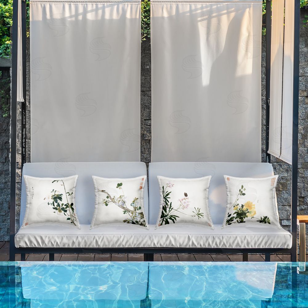 Ju Lian Traditional Eastern Flowers Outdoor Quick-Dry Polyester Printed Throw Pillow in Back Yard