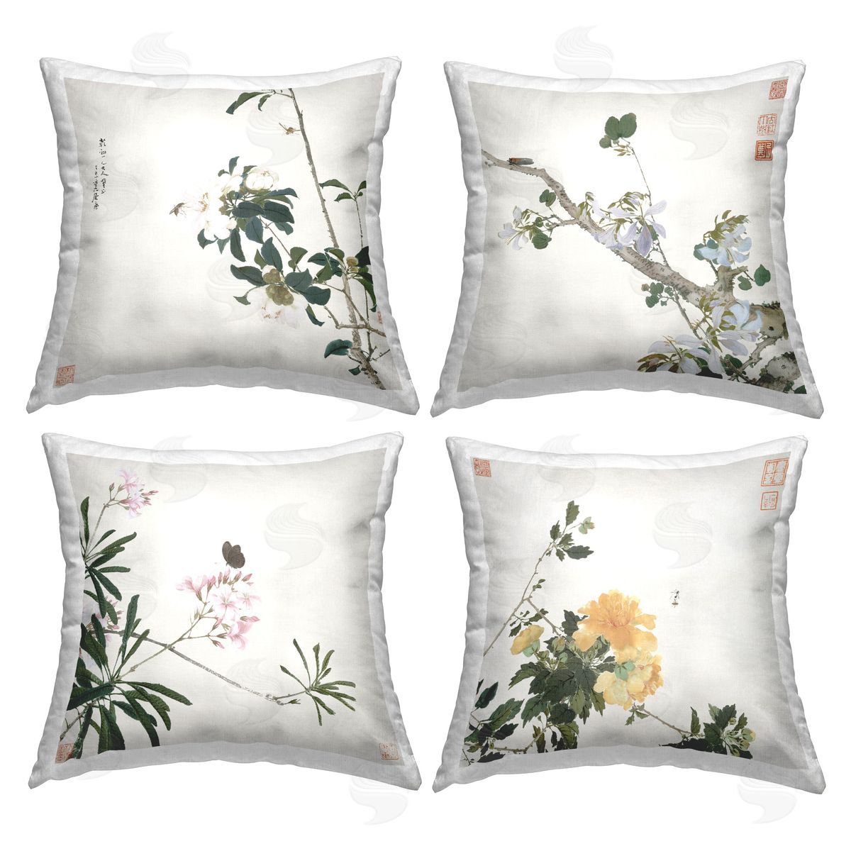 Ju Lian Traditional Eastern Flowers Printed Plush Polyester Throw Pillow