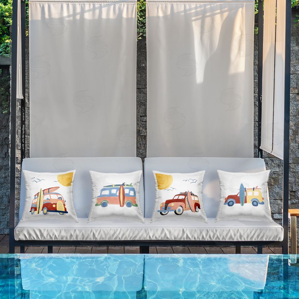Carrie Cantwell Beach Surf Vehicles Outdoor Quick-Dry Polyester Printed Throw Pillow in Back Yard