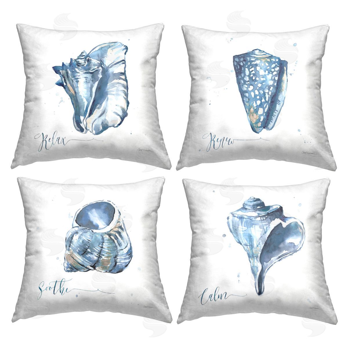 Carol Robinson Soothing Blue Seashells Printed Plush Polyester Throw Pillow