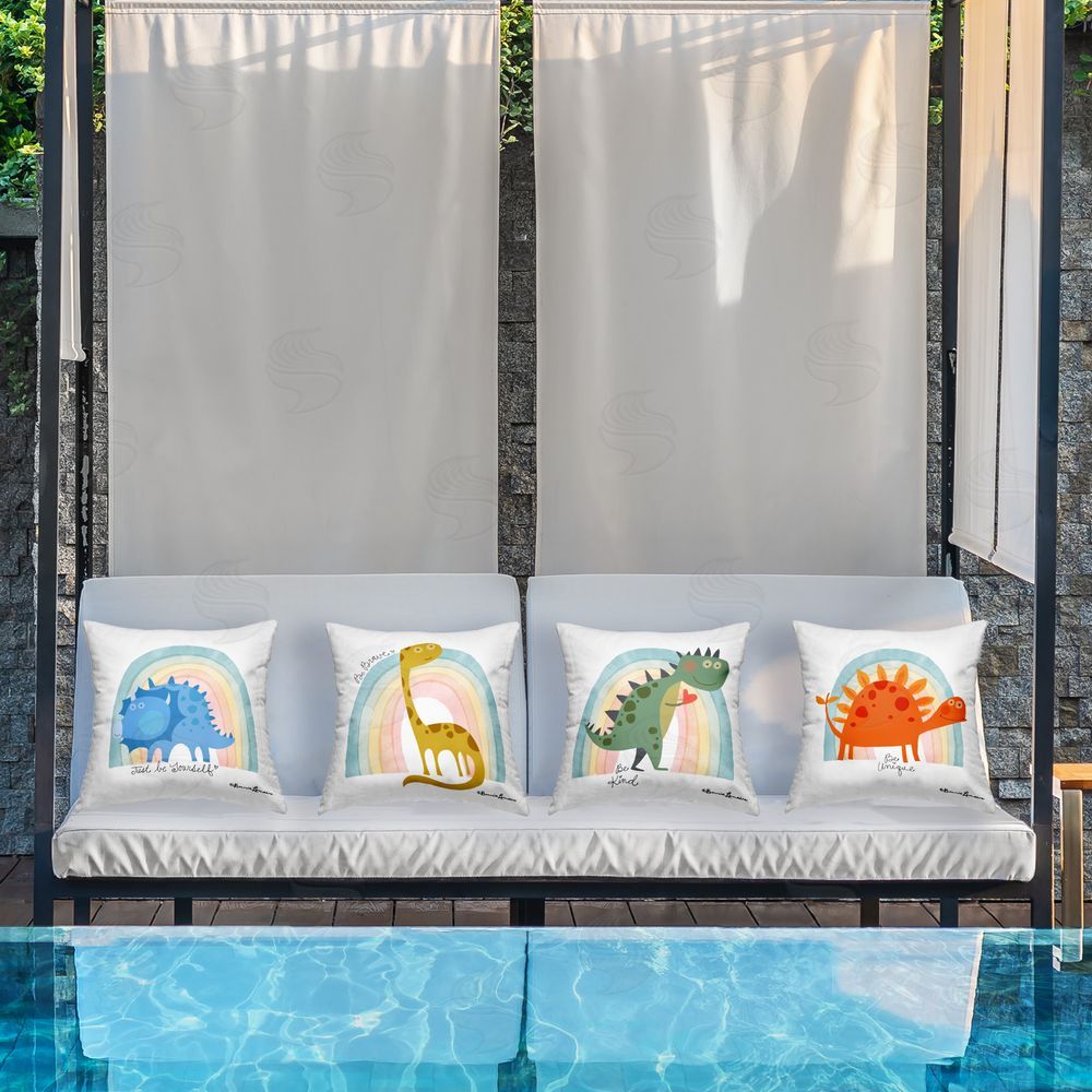 Bonnie Lemaire Inspiring Dinos & Rainbows Outdoor Quick-Dry Polyester Printed Throw Pillow in Back Yard