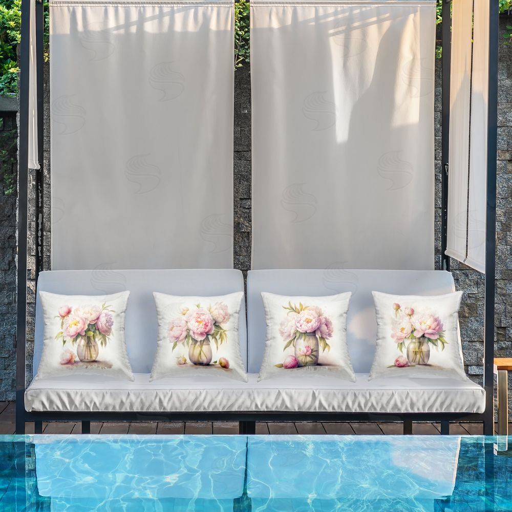 LSR Design Studio Alluring Blush Peonies Outdoor Quick-Dry Polyester Printed Throw Pillow in Back Yard