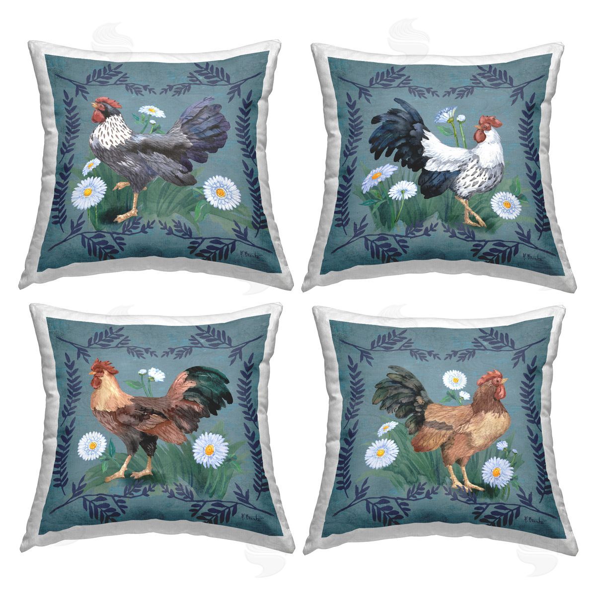 Paul Brent Fern & Daisy Roosters Printed Plush Polyester Throw Pillow