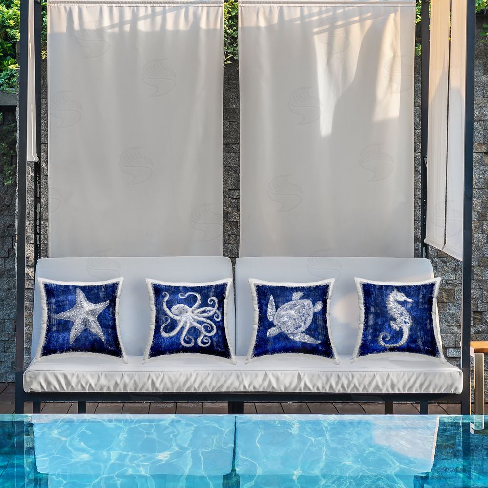Paul Brent Sea Life on Abstract Blue Outdoor Quick-Dry Polyester Printed Throw Pillow in Back Yard