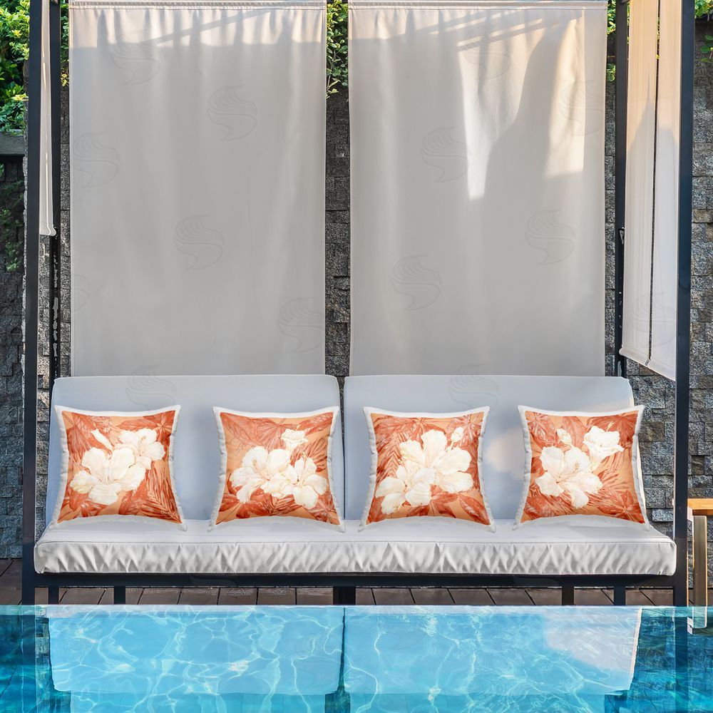 Paul Brent Peach Hibiscus Flowers Outdoor Quick-Dry Polyester Printed Throw Pillow in Back Yard