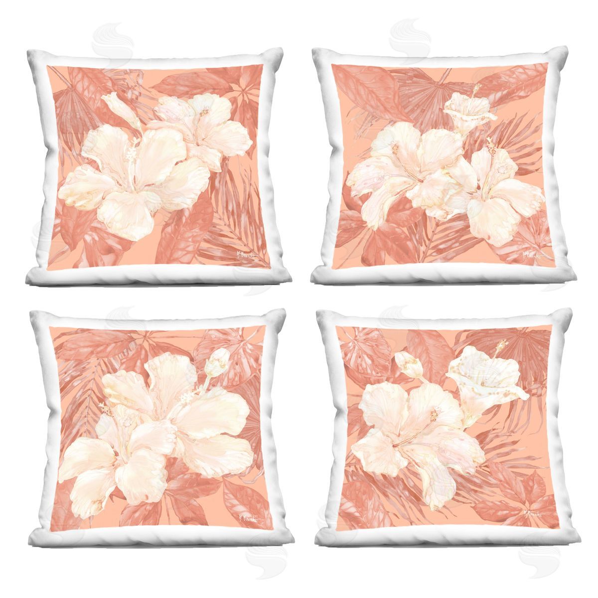Paul Brent Peach Hibiscus Flowers Printed Plush Polyester Throw Pillow