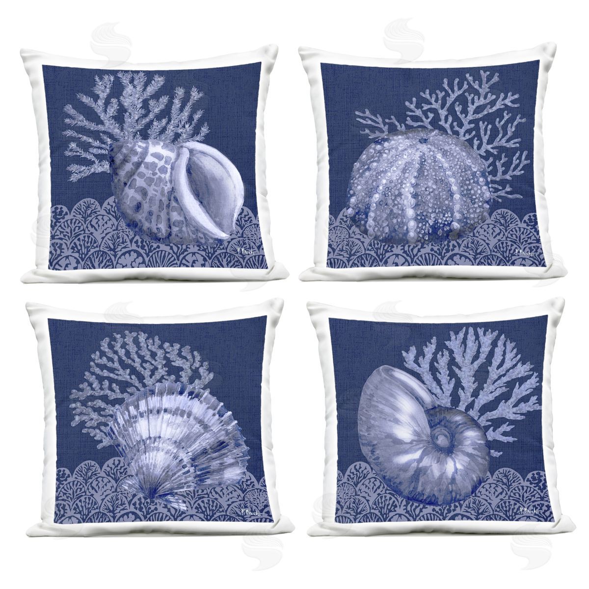 Paul Brent Indigo Nautical Seashells Outdoor Quick-Dry Polyester Printed Throw Pillow