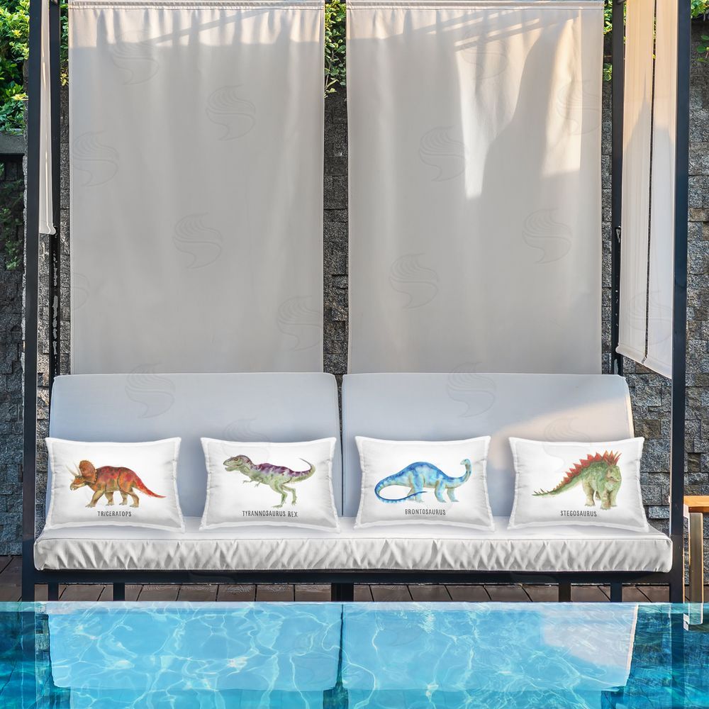 Brett Blumenthal Educational Dinosaur Types Outdoor Quick-Dry Polyester Printed Throw Pillow in Back Yard