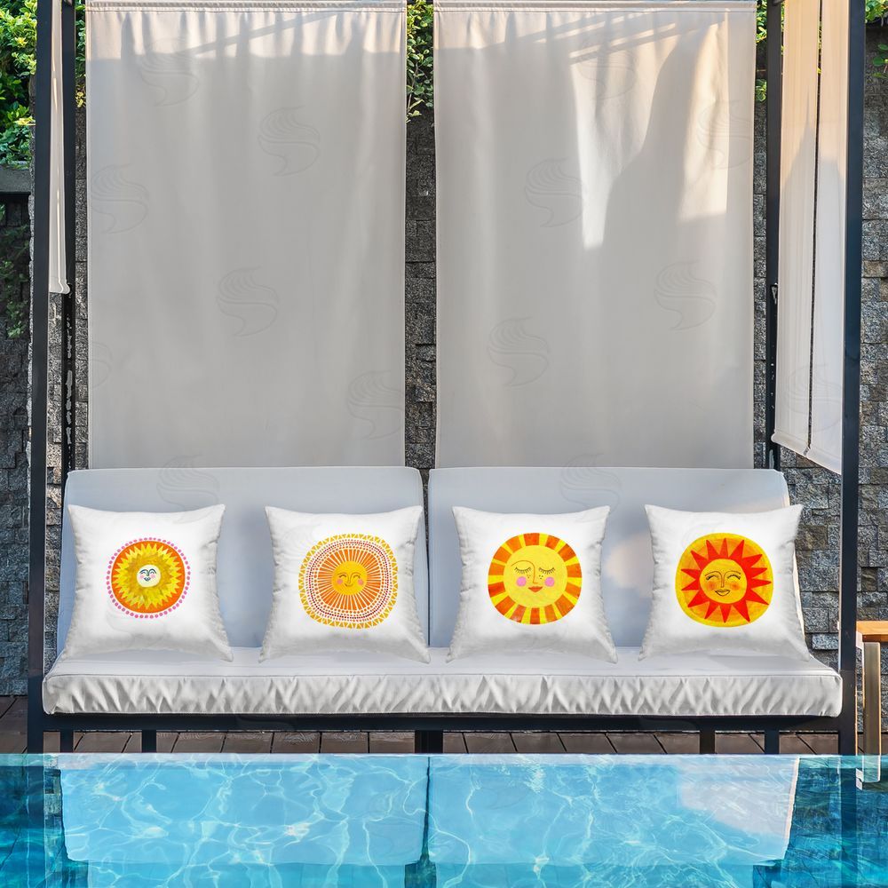 Katherine Herrell Studio Whimsical Smiling Suns Outdoor Square Printed Throw Pillow on Seat