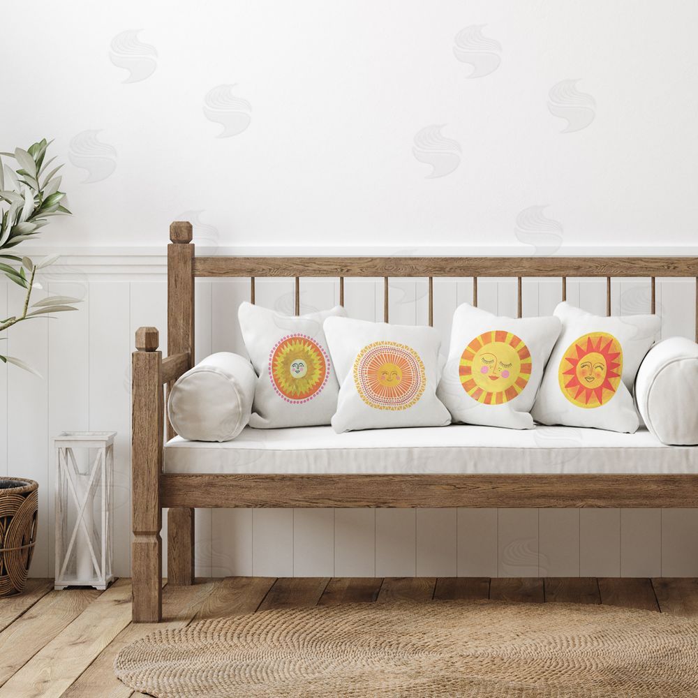 Katherine Herrell Studio Whimsical Smiling Suns Square Printed Throw Pillow on Seat
