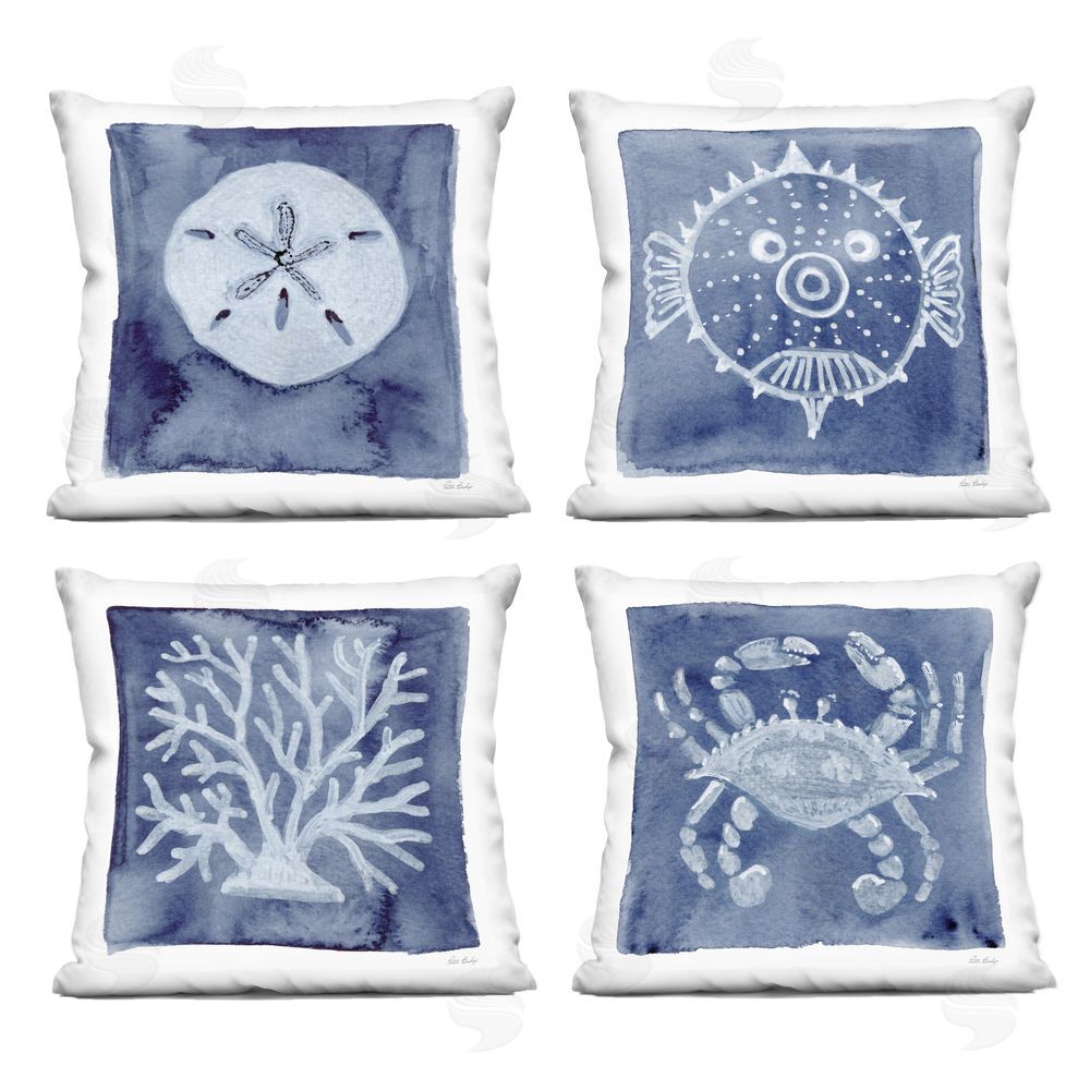 Patti Bishop Aquatic Creatures on Indigo Indoor Plush Polyester Square Throw Pillow