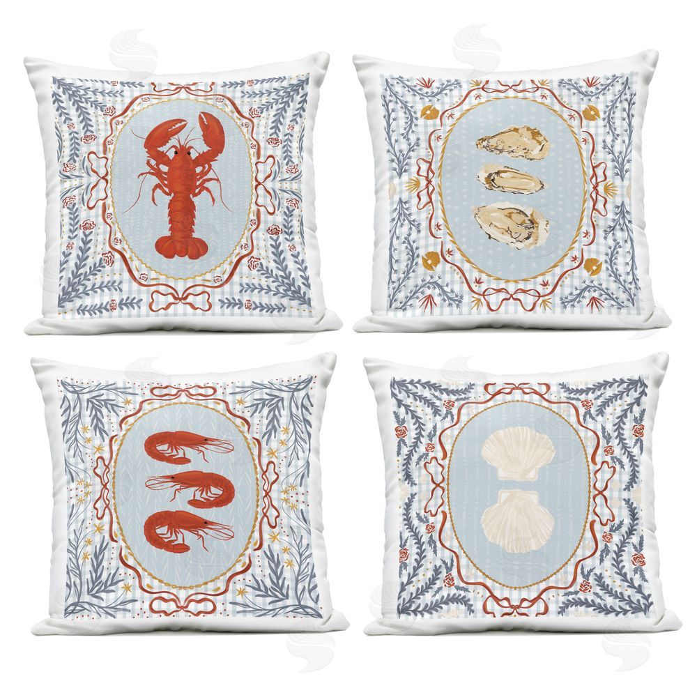 Vero Illustrates Sea Creatures on Blue Gingham Outdoor Square Printed Throw Pillow