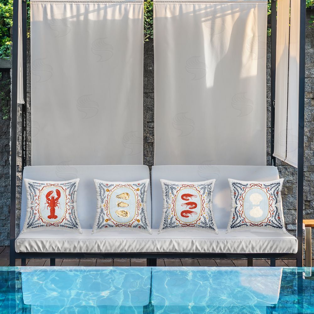 Vero Illustrates Sea Creatures on Blue Gingham Outdoor Square Printed Throw Pillow on Seat