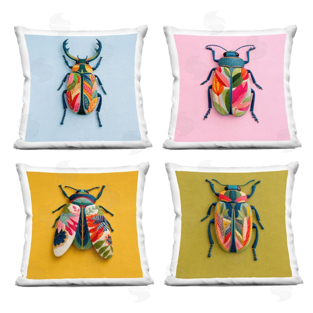 A Barefoot Stylist Faux Embroidered Beetles Indoor Plush Polyester Square Throw Pillow