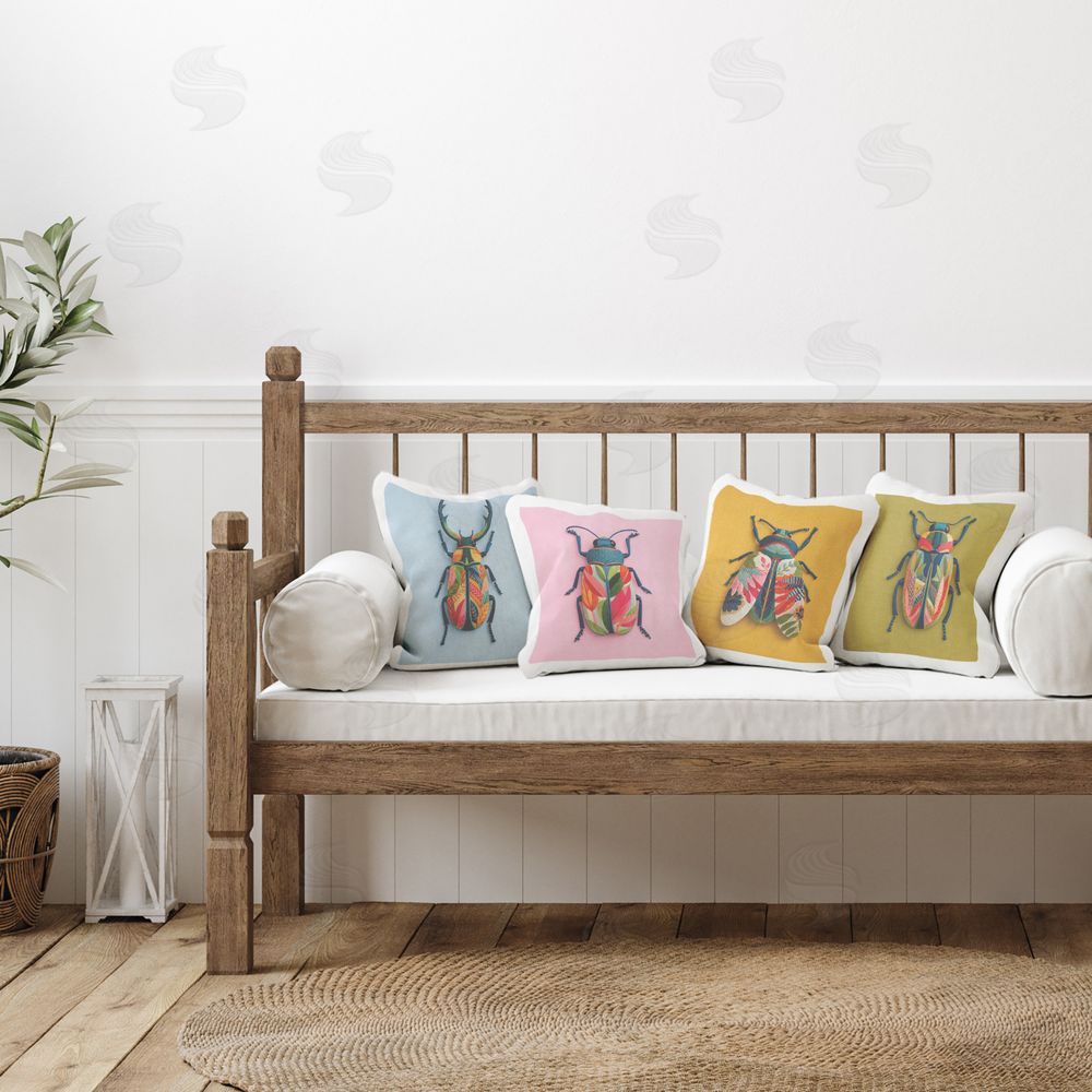 A Barefoot Stylist Faux Embroidered Beetles Plush Polyester Printed Square Pillow Set in Room