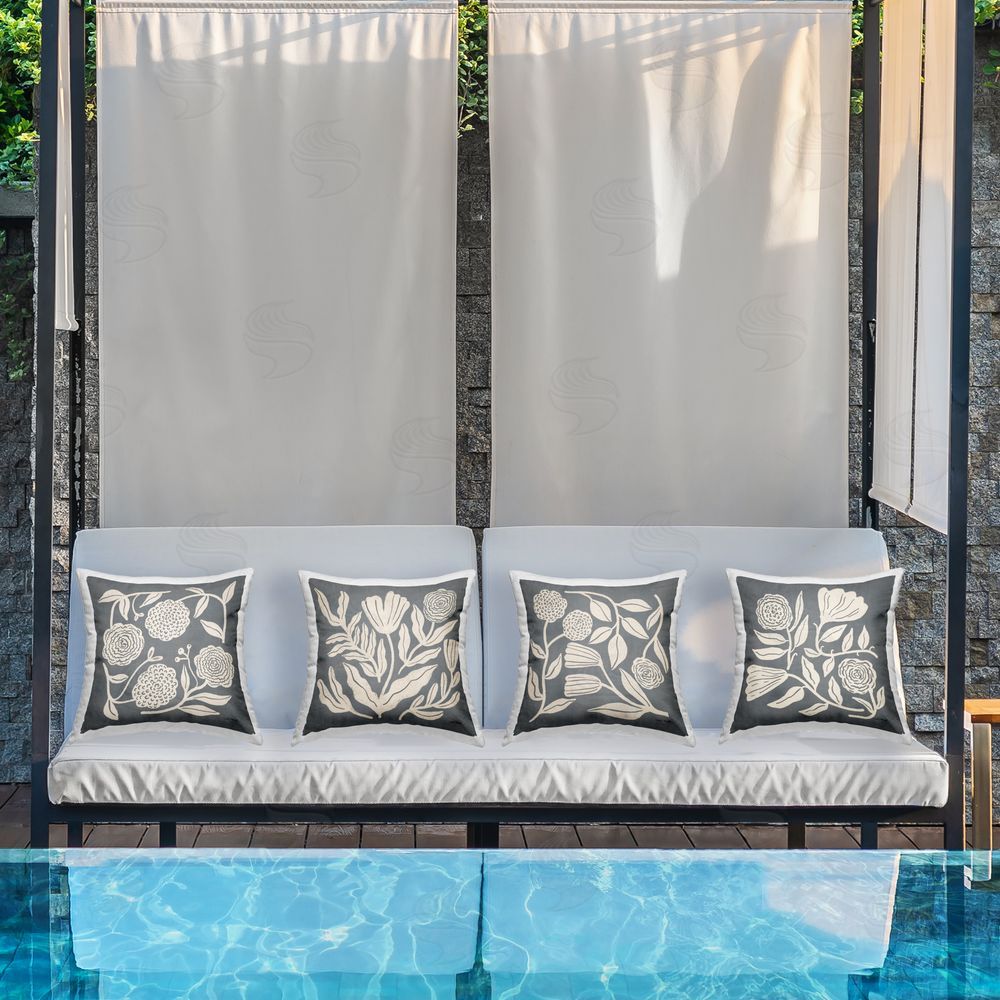 Cheryl Warrick Leafy Botanicals on Grey Outdoor Quick-Dry Polyester Printed Square Pillow Set on Patio