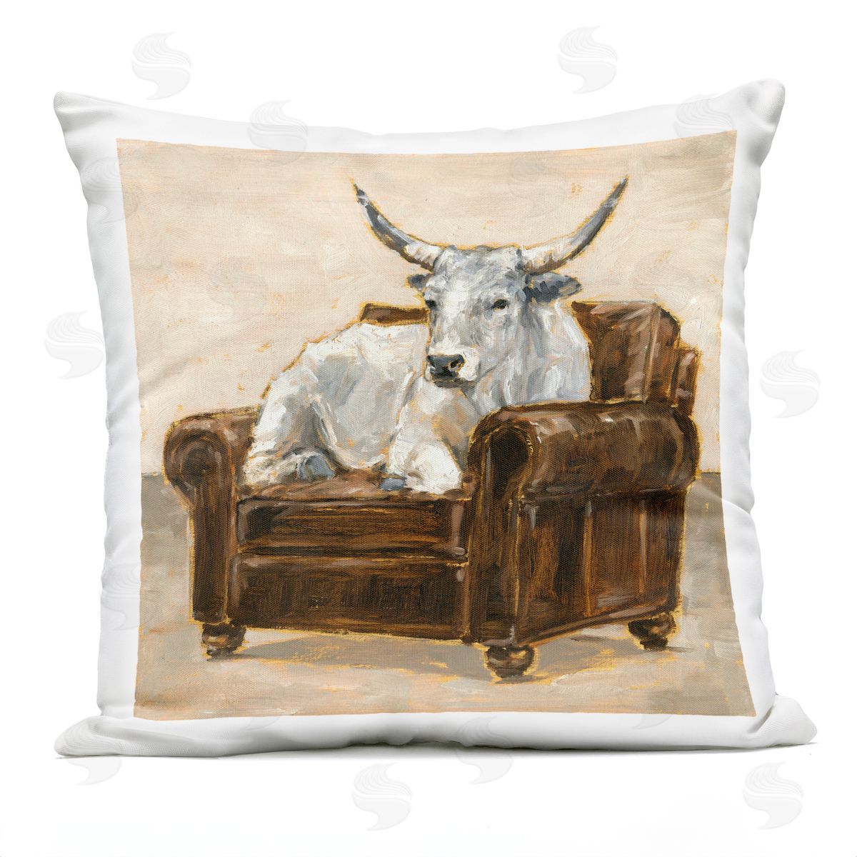 Longhorn White Bull Resting in Brown Chair Outdoor Printed Pillow, Home Decor by Ethan Harper