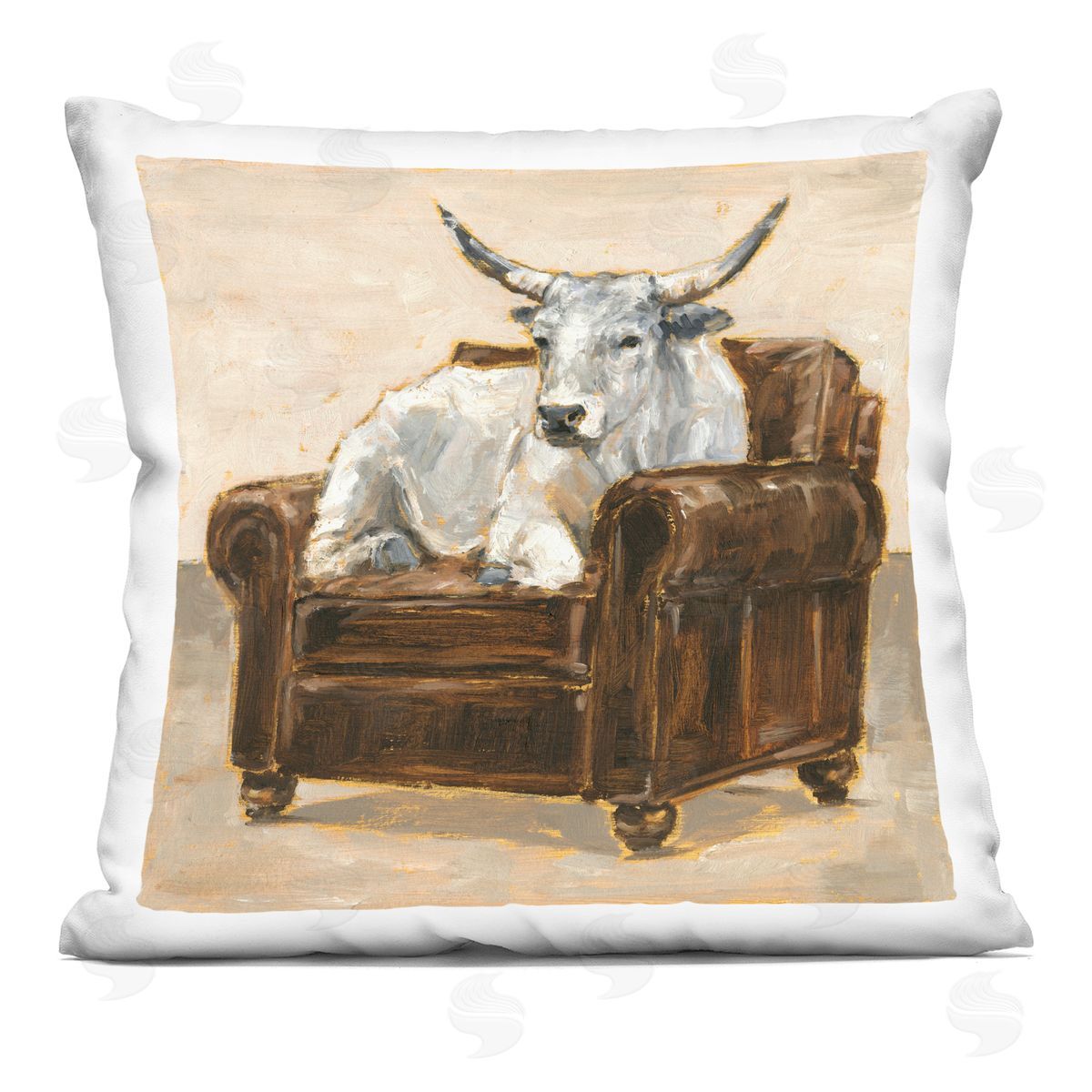 Longhorn White Bull Resting in Brown Chair Decorative Printed Pillow, Home Decor by Ethan Harper