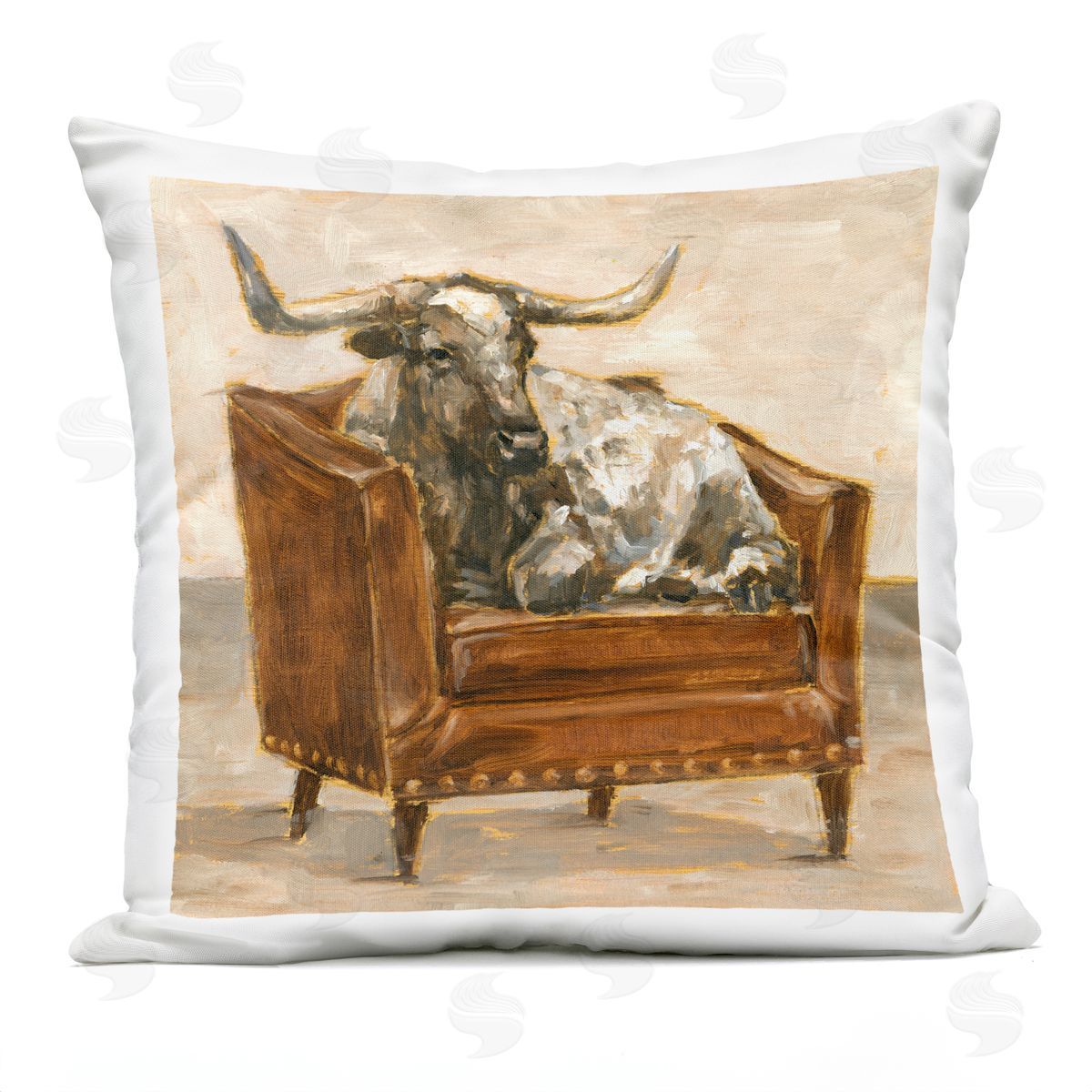 Brown Bull Resting in Orange Brown Chair Outdoor Printed Pillow, Home Decor by Ethan Harper