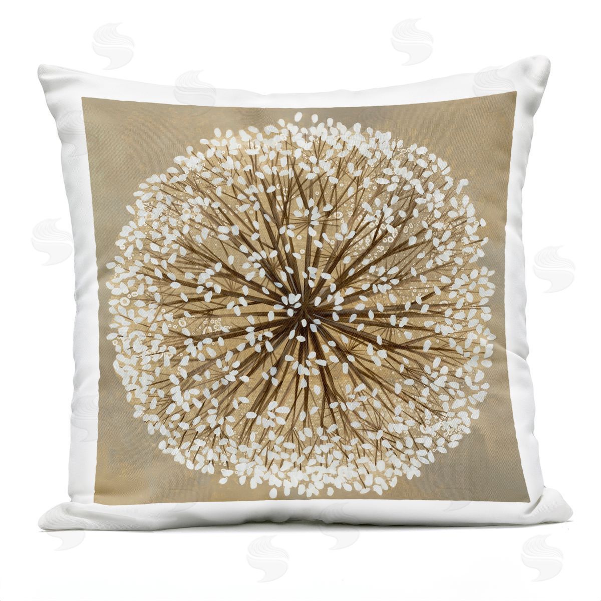 Abstract Dandelion Flower Full Bloom Brown White Outdoor Printed Pillow, Home Decor by Liz Jardine