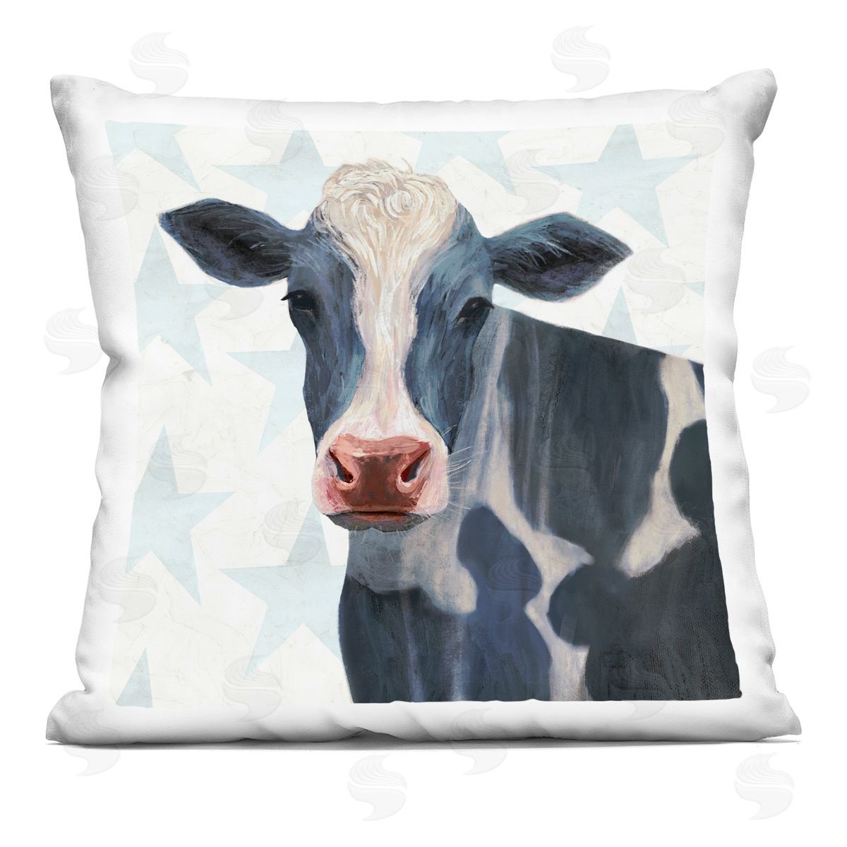 Patriotic Farm Cow Painting with Blue Stars Decorative Printed Pillow, Home Decor by Victoria Borges