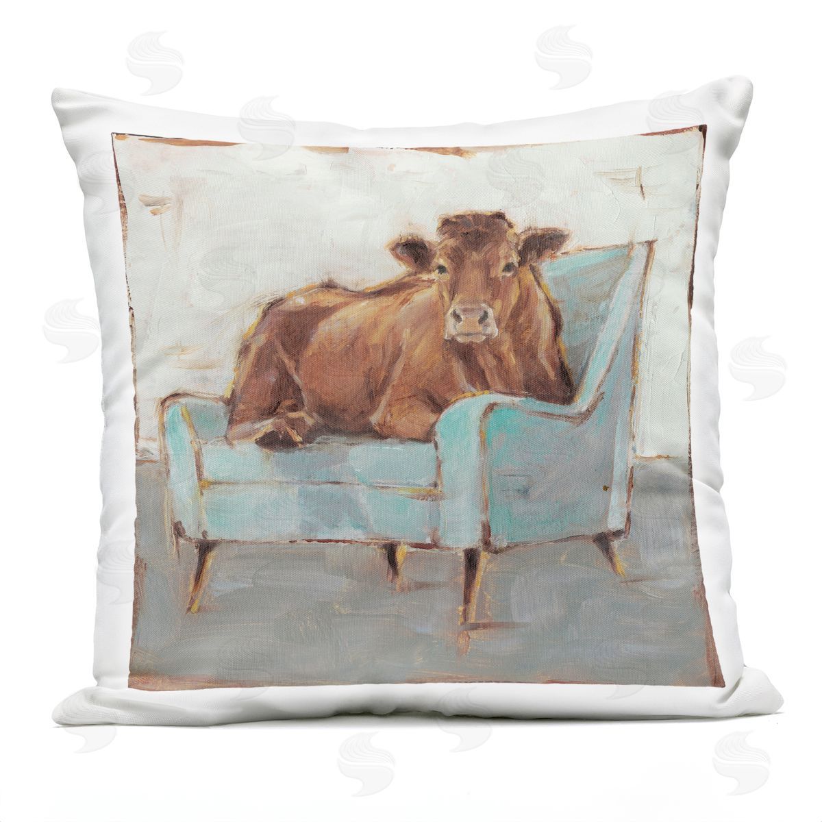 Brown Cattle on a Blue Chair Funny Chic Farmhouse Outdoor Printed Pillow, Home Decor by Ethan Harper